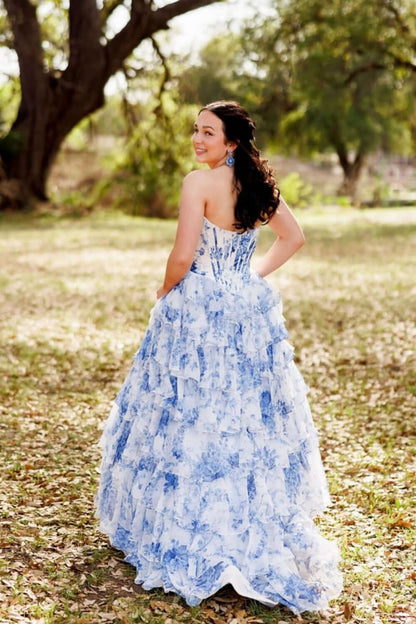 Fancy Floral Print Tiered Long Formal Dress Chiffon Prom Gown with Slit