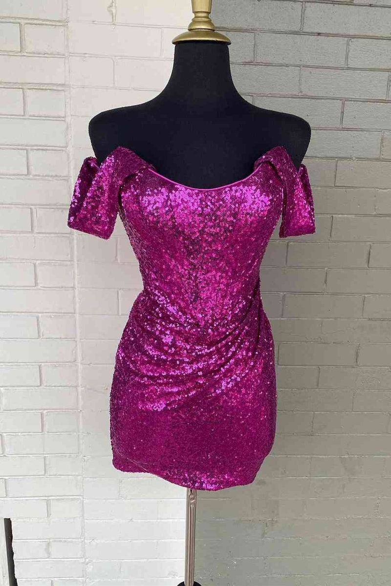 Off The Shoulder Purple Sequins Homecoming Dresses