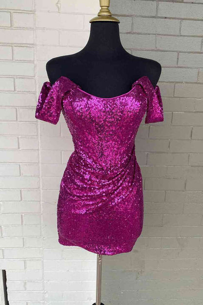 Off The Shoulder Purple Sequins Homecoming Dresses