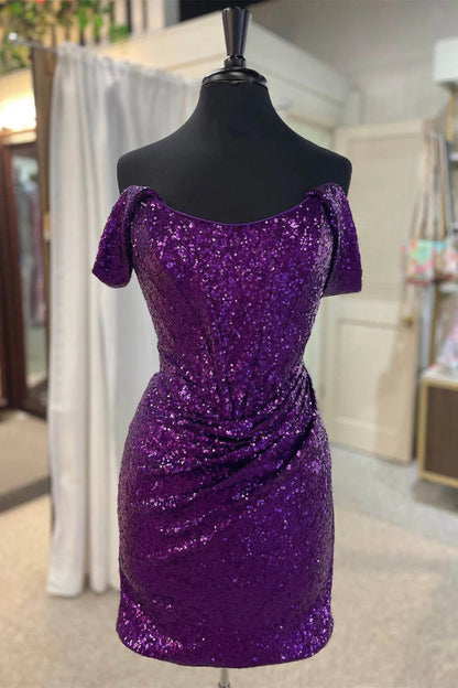 Off The Shoulder Purple Sequins Homecoming Dresses