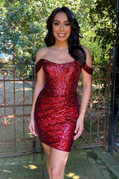 Off The Shoulder Purple Sequins Homecoming Dresses