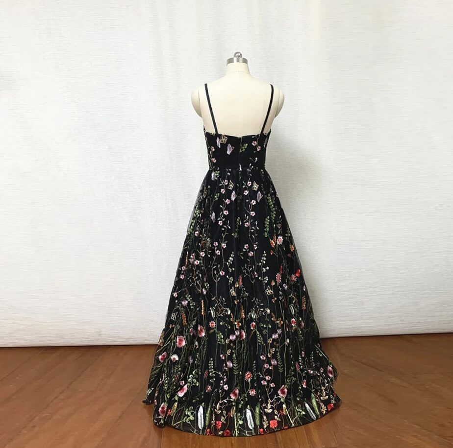 Black Floral Fairy Prom Dress Long Evening Gowns for Wedding