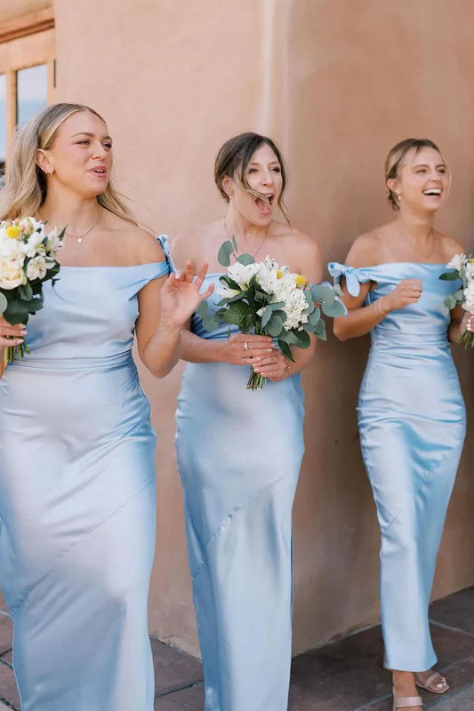 Off the Shoulder Light Blue Sheath Bridesmaid Dress SH2548