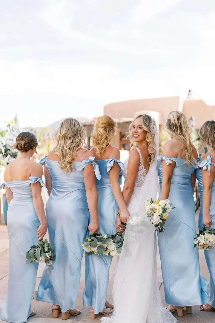 Off the Shoulder Light Blue Sheath Bridesmaid Dress SH2548