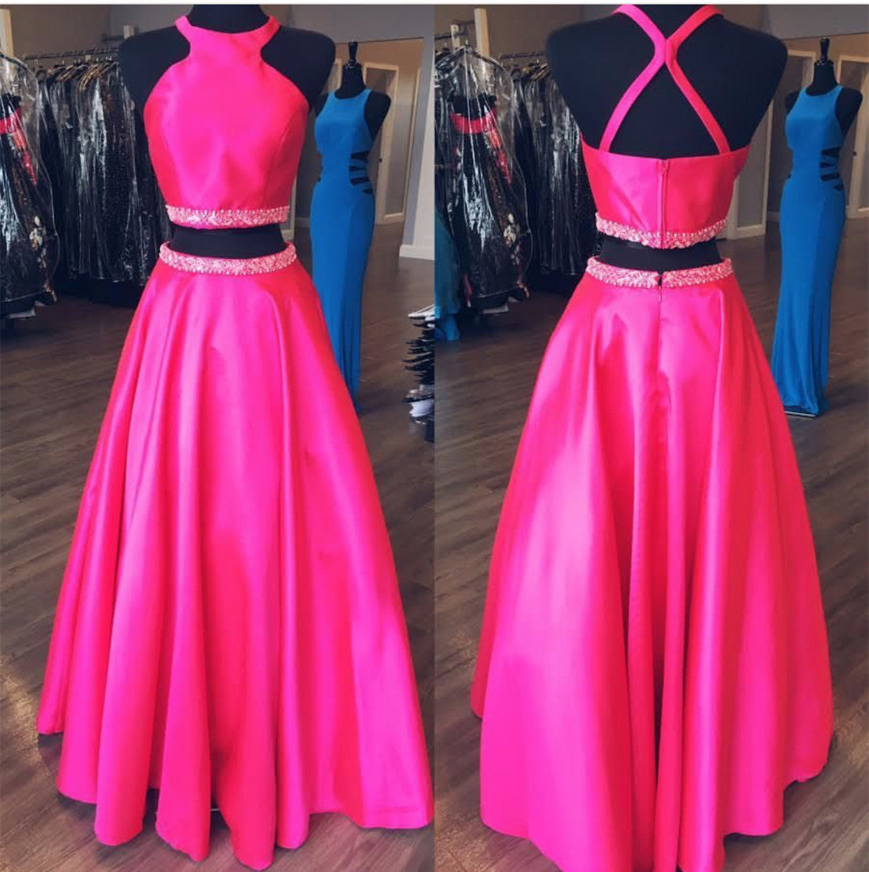 Fuchsia A-Line Beaded Prom Dresses Long Formal Gown