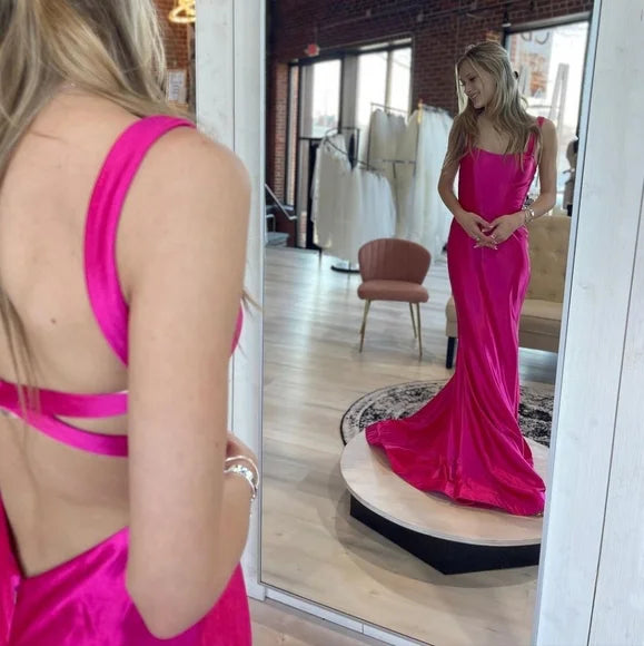 Fuchsia Mermaid Satin Long Prom Dresses