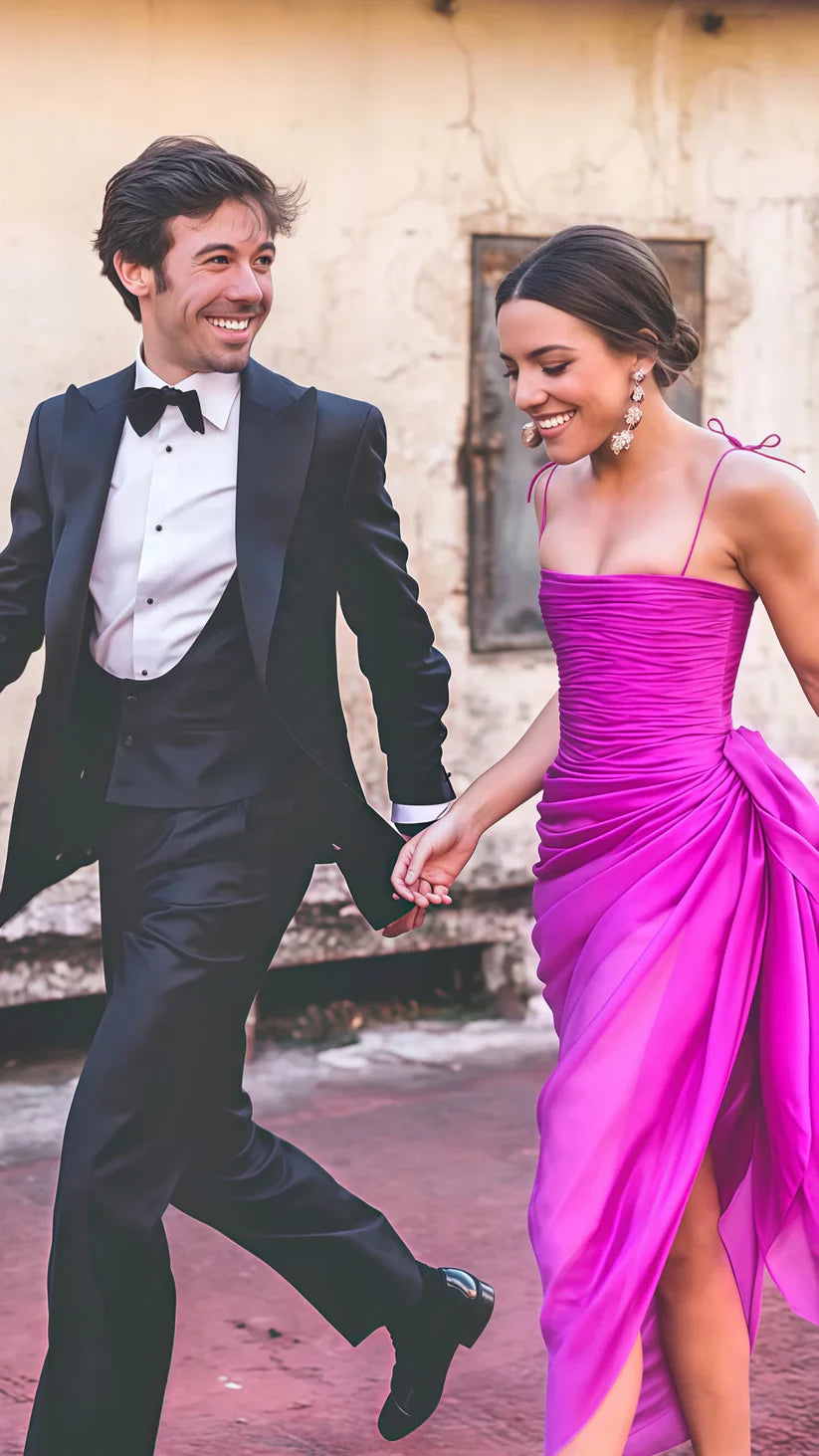 Charming Sheath Spaghetti Strap Hot Pink Chiffon Long Prom Dress Evening Dress SH2014