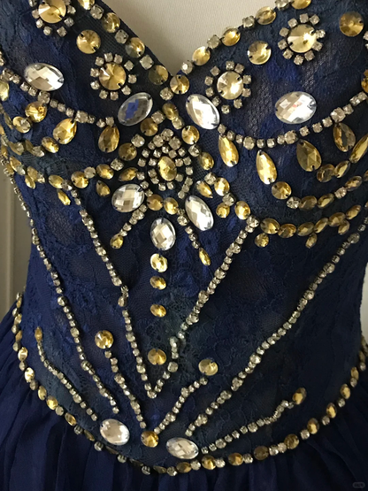Vintage Navy Blue Lace Beaded A Line Homecoming Dress Birthday Dress  S545