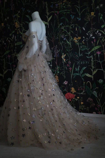 PM108,Chic Long Sweetheart Front Split Star Prom Dresses With Sleeves