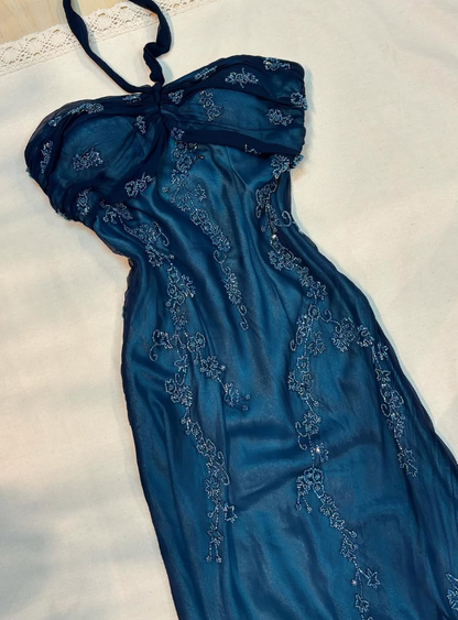 Vintage Mermaid Halter Beaded Navy Blue Chiffon Prom Dress Evening Dress SH2066