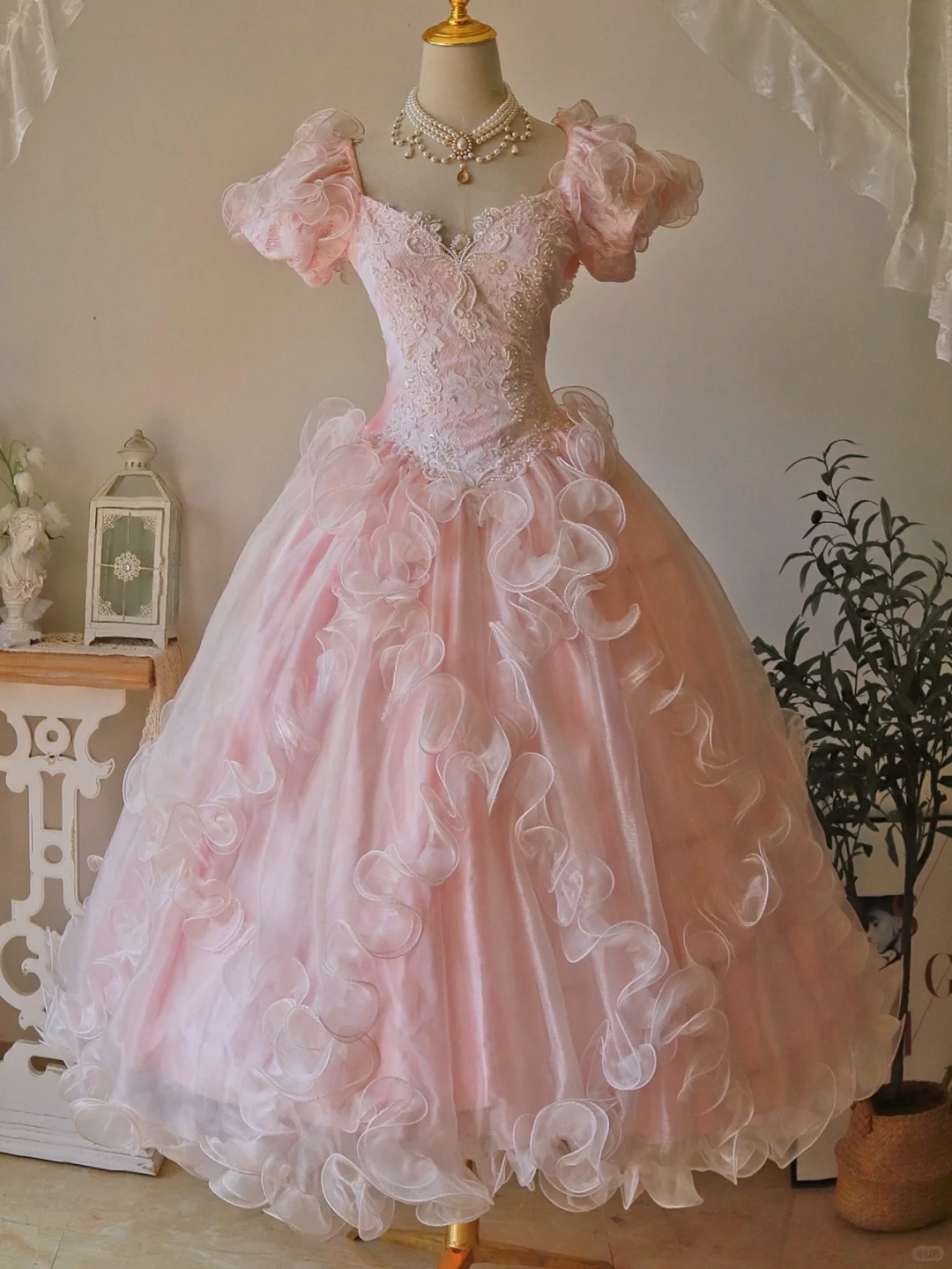 Princess Pink Ball Gown Puff Lace Appliques Satin Tulle Prom Dress 18th Birthday Dress SH3896
