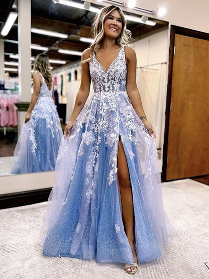 Shiny Blue Tulle Appliques Slit Prom Dress Evening Dress SH997