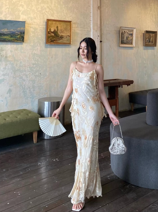 Vintage Mermaid Spaghetti Strap Beaded Ruffle Chiffon Prom Dress Evening Dress SH2070