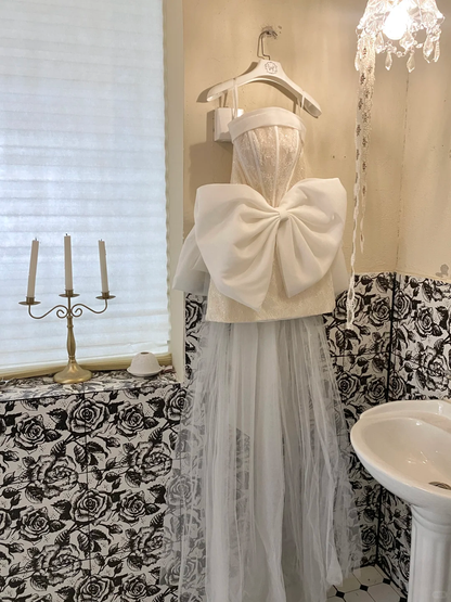 White Bow A Line Strapless Beaded Lace Satin Short Homecoming Dress Birthday Dress SH3859