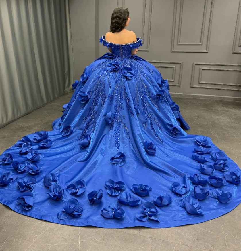 Gorgeous Ball Gown Off the Shoulder Flower Appliques Blue Satin Sweet 16 Dress, Quinceanera Dress SH3040