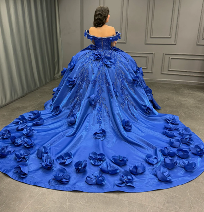 Gorgeous Ball Gown Off the Shoulder Flower Appliques Blue Satin Sweet 16 Dress, Quinceanera Dress SH3040