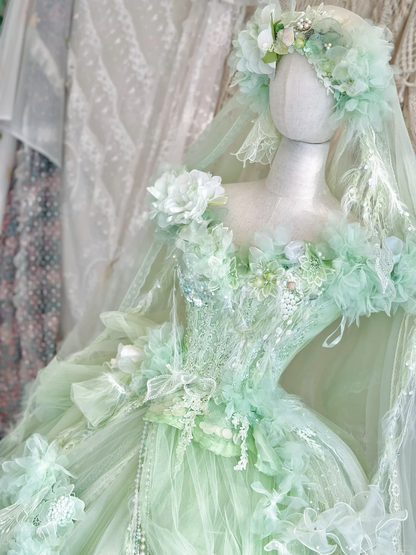 Exquisite Light Green Floral A Line Beaded Tulle Prom Dress Party Dress SH3499