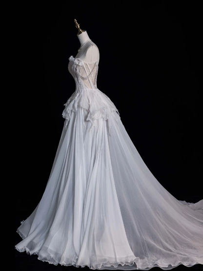 Unique A Line Off the Shoulder White Chiffon Long Sweep Prom Dress Graduation Prom Dress SH2565