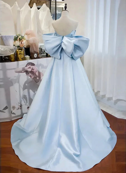 Light Blue Elegant A-line Off-shoulder Long Satin Ball Gown Formal Evening Dress gh3256