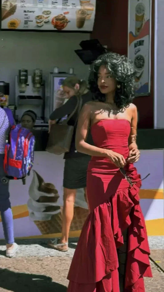 Charming Mermaid Strapless Ruffle Burgundy Satin Prom Dress Evening Dress with Slit SH2130