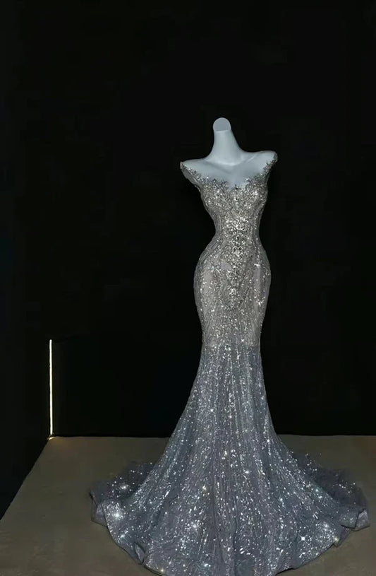 Silver gorgeous shiny fashion long sequin mermaid floor length fishtail dress prom dress, evening dress, party dress gh3522