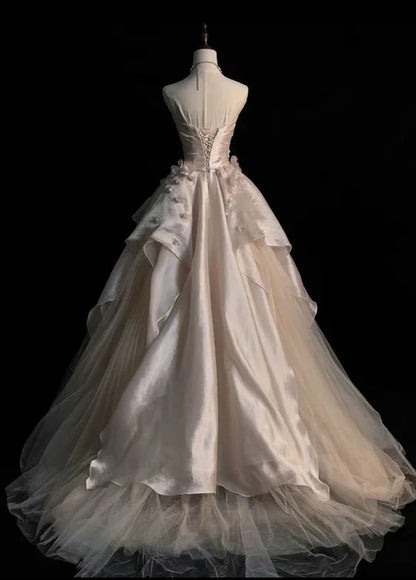 Pink Gorgeous Exquisite A-line Off-shoulder Beaded Long Tulle Ball Gown Wedding Dress Evening Gown gh3497