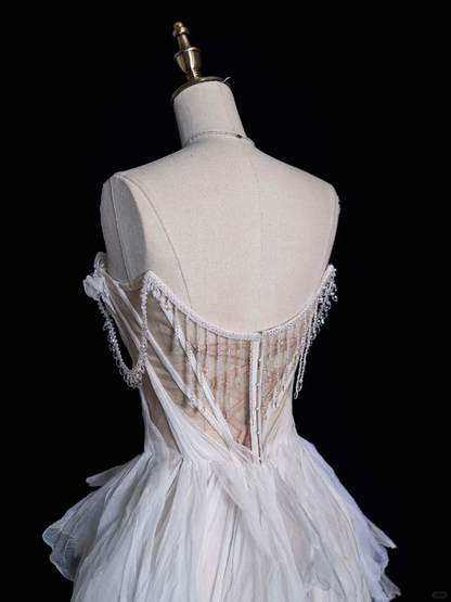 Unique A Line Off the Shoulder White Chiffon Long Sweep Prom Dress Graduation Prom Dress SH2565