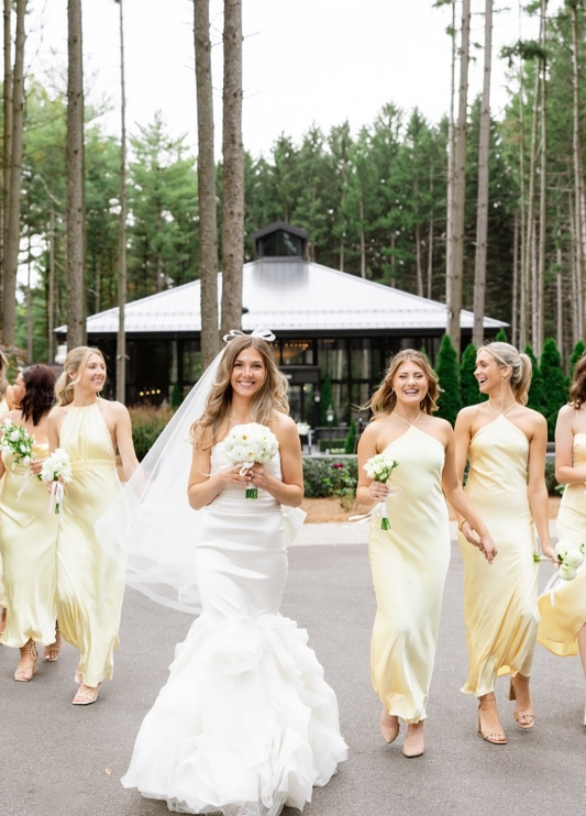 Light Yellow Sheath Halter Satin Open Back Bridesmaid Dress Evening Dress SH3196