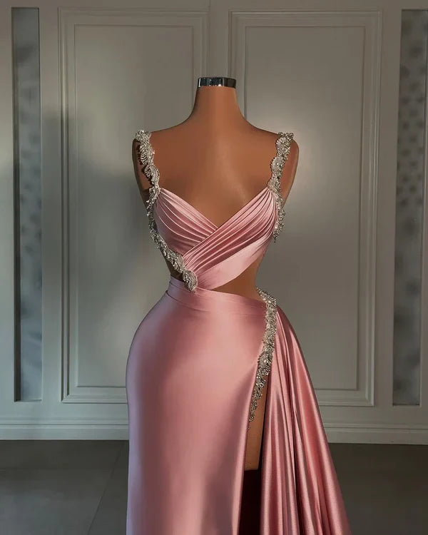 Pink gorgeous shiny V-neck fashionable exquisite beading spaghetti straps long satin sexy prom dress, evening dress, party dress gh3521