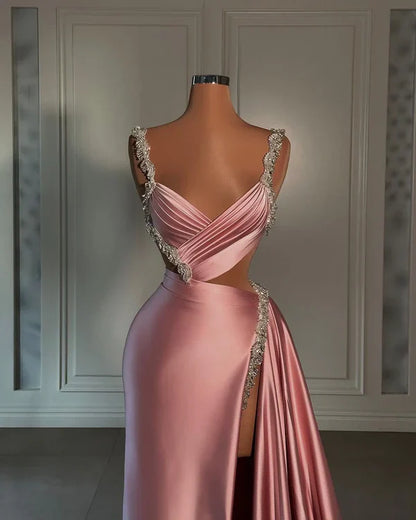 Pink gorgeous shiny V-neck fashionable exquisite beading spaghetti straps long satin sexy prom dress, evening dress, party dress gh3521