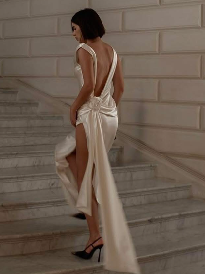 Elegant Sheath Champagne Satin Open Back Prom Dress Evening Dress with Slit SH2149