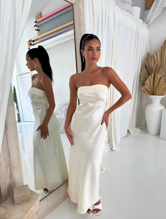 Simple Sheath Strapless Ivory Satin Open Back Bridesmaid Dress Evening Dress SH3275