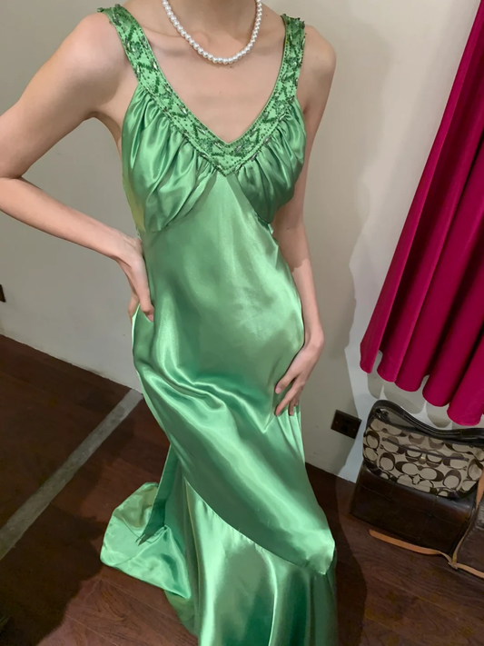Vintage Mermaid V Neck Beaded Green Satin Long Prom Dress Party Dress SH3034