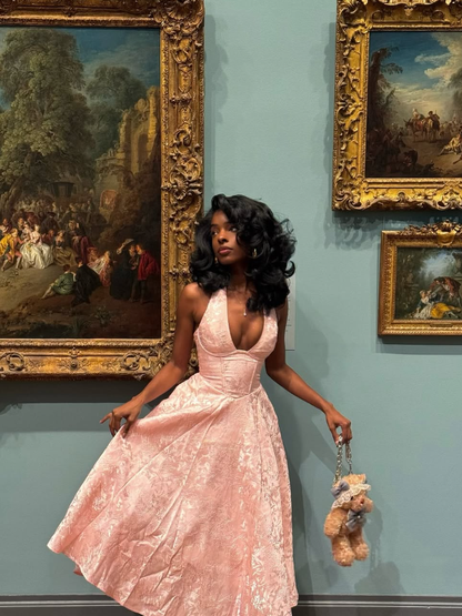 Unique A Line Halter V Neck Print Flower Pink Satin Prom Dress Evening Dress SH2343