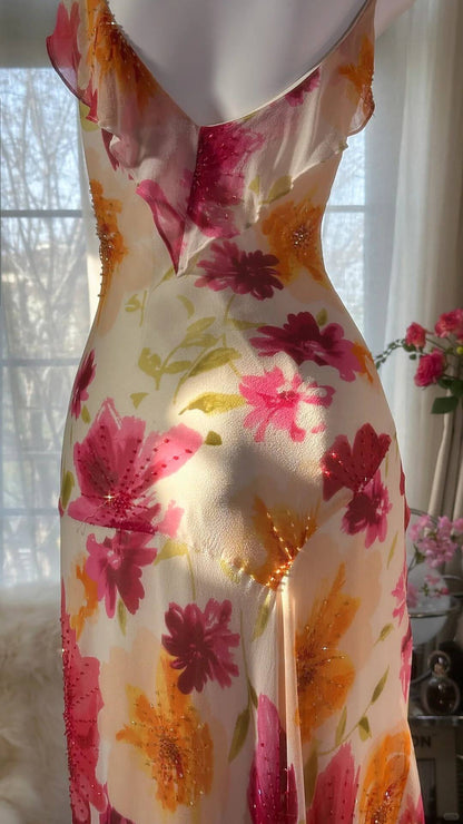 Pretty Chiffon Print Floral Beaded Mermaid Evening Dress Long Formal Party Dress S343