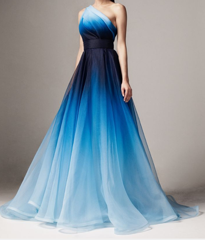 Blue Ombre One Shoulder Ruched Prom Dress K13
