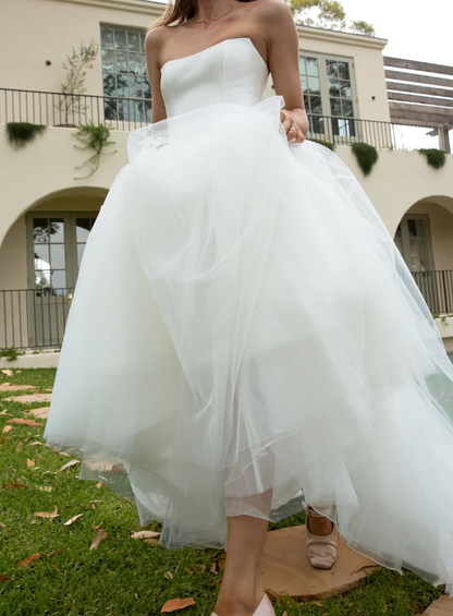 Simple A Line Strapless White Satin Tulle Long Wedding Dress SH2033