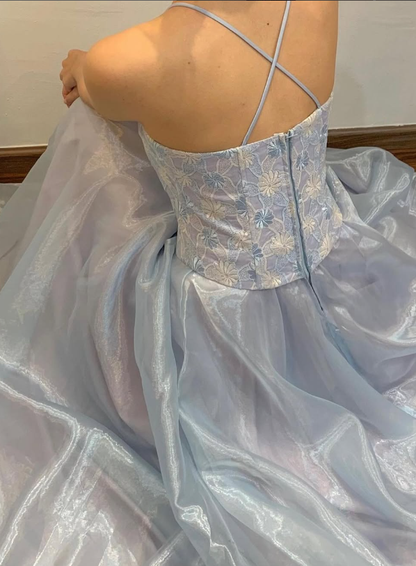 Blue A Line Spaghetti Strap Embroidered Tulle Satin Prom Dress Evening Dress SH2042