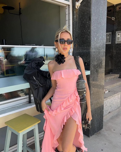 Pink A Line Strapless Ruffled Chiffon Prom Dress Outfits with Slit SH1971