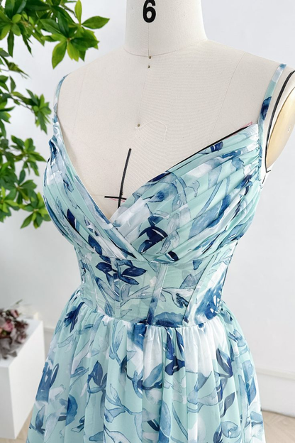 Spaghetti Straps Corset Floral Chiffon Tiered Prom Dress SH1373