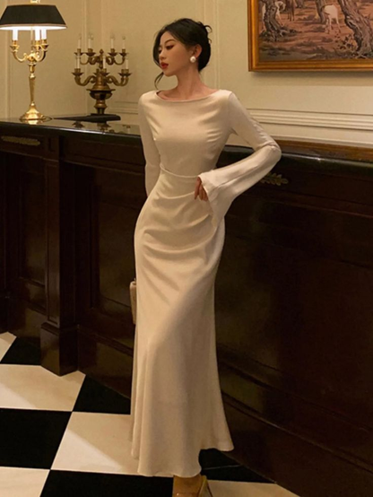 Vintage White Bell Sleeve Ruched Satin Mermaid Prom Dress Evening Dress SH1243