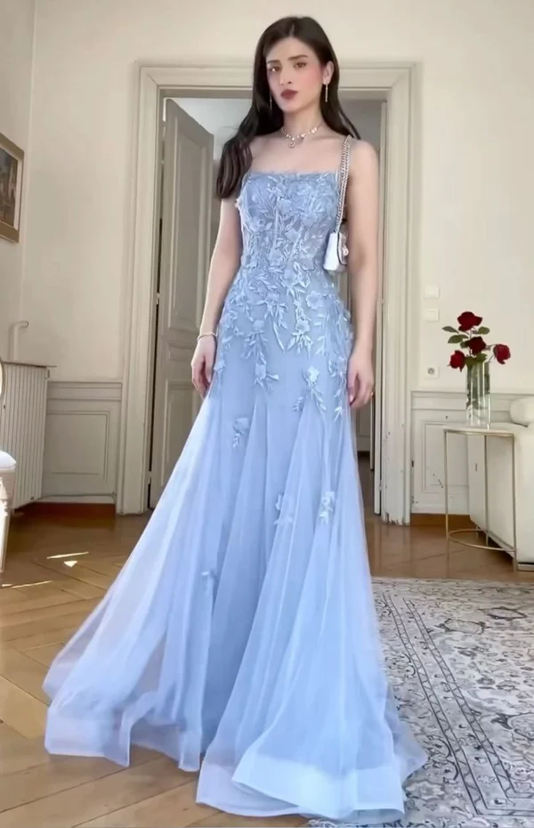 Classy Blue Tulle Appliques Mermaid Evening Dress Long Open Back