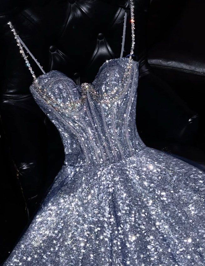 Shiny A Line Spaghetti Strap Rhinestone Silver Sequin Long Prom Dress Graduation Prom Dress SH2488