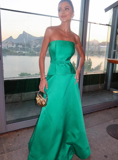 Elegant A Line Strapless Green Satin Long Prom Dress Evening Dress SH2072
