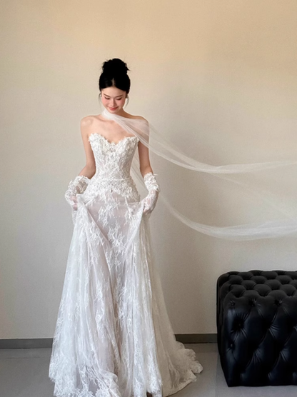 Simple Romantic A Line Sweetheart Neck White Lace Prom Dress Wedding Dress SH3665