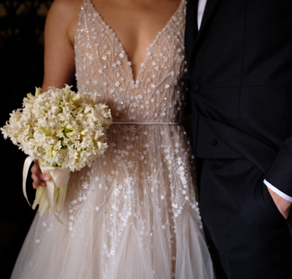 2025 New A Line Spaghetti Strap Beaded Tulle Long Sweep Wedding Dress SH2240