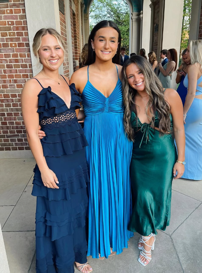 Stunning A Line Spaghetti Strap Green Satin Open Back Prom Dress Evening Dress SH1341