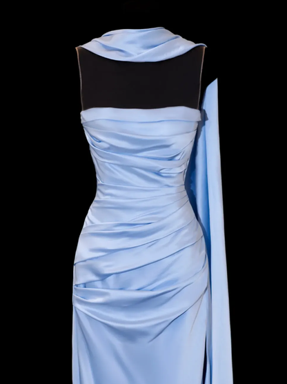Romantic Sheath Strapless Blue Satin Open Back Long Prom Dress Graduation Prom Dress SH2489