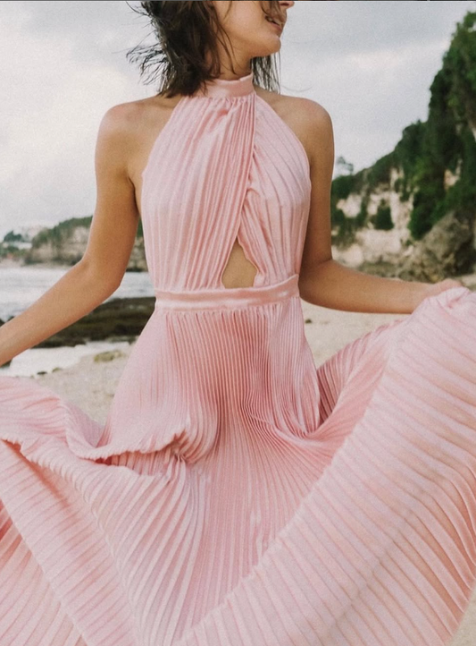 Elegant A Line Halter Light Pink Satin Long Prom Dress Evening Dress SH2050