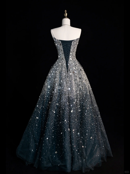 Gorgeous A Line Sweetheart Neck Beaded Sequin Black Tulle Long Prom Dress Evening Dress SH2559